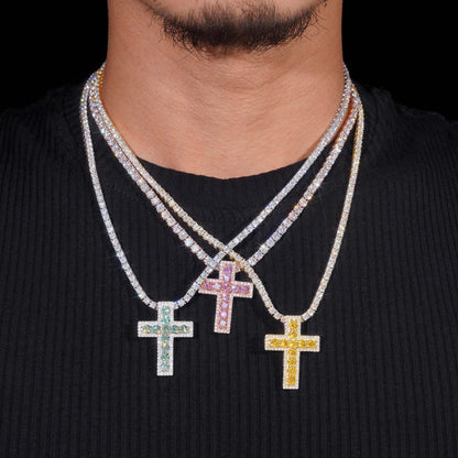 New S925 Silver Cross Pendant – Colorful Moissanite, Hip-Hop Style, Unisex Jewelry - CaratixJewelry