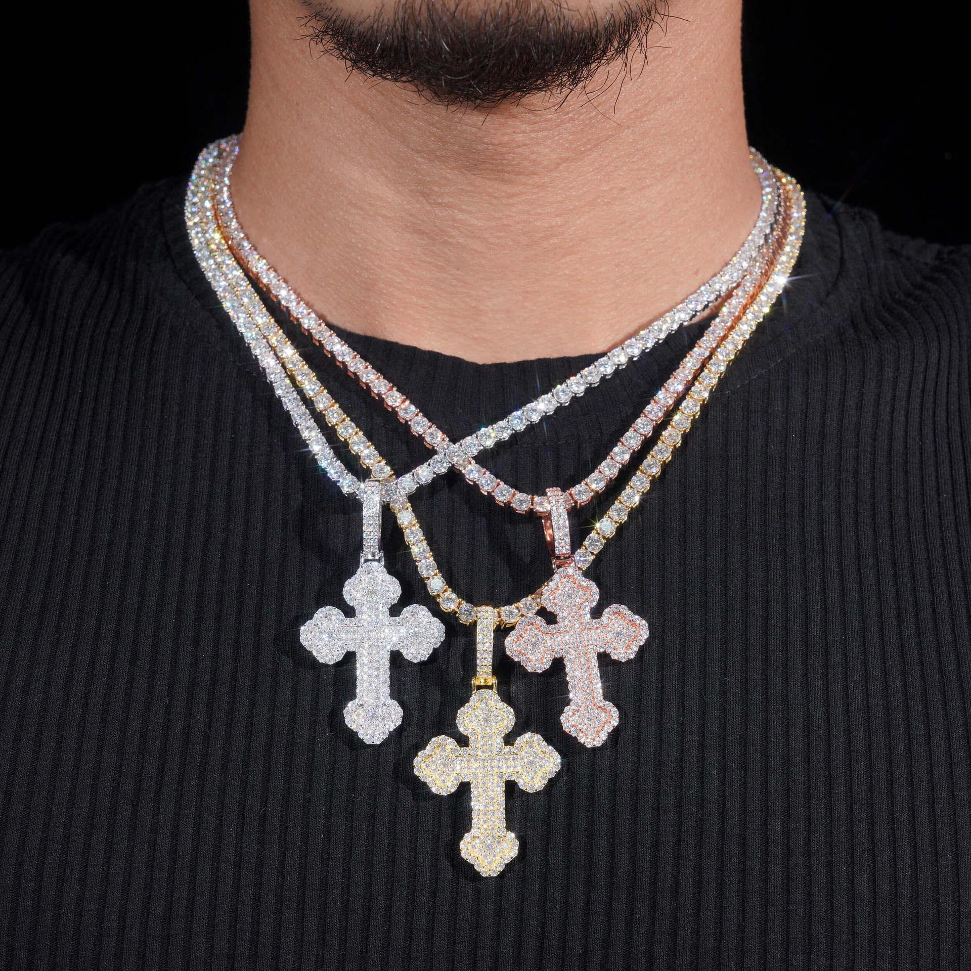 New S925 Silver Moissanite Cross & Flower Pendant – European & American Hip-Hop Trendy Personalized Jewelry - CaratixJewelry