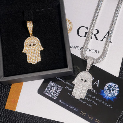 New S925 Silver Moissanite Hand Pendant – Hip-Hop Style Necklace, Fits Tennis Chain - CaratixJewelry