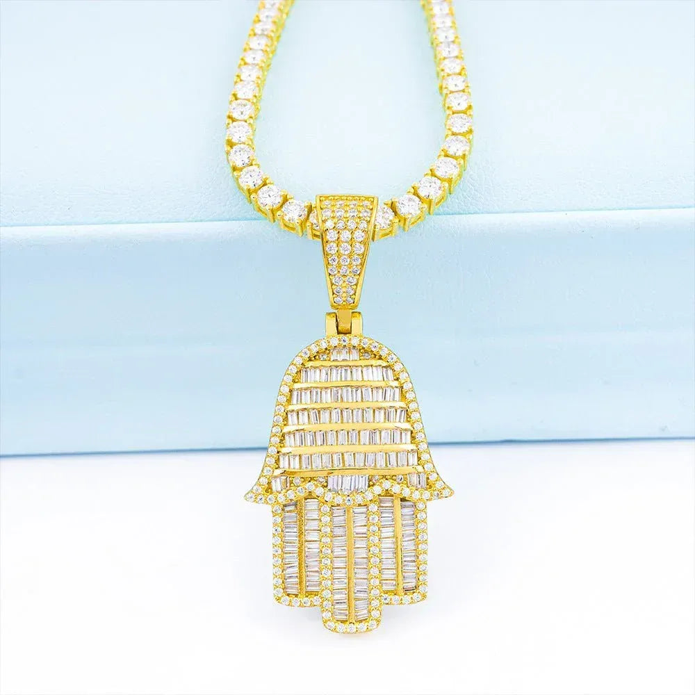 New S925 Silver Rectangular Hand Pendant – Unisex Hip-Hop Moissanite Necklace - CaratixJewelry