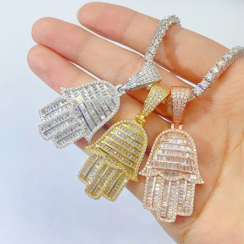 New S925 Silver Rectangular Hand Pendant – Unisex Hip-Hop Moissanite Necklace - CaratixJewelry