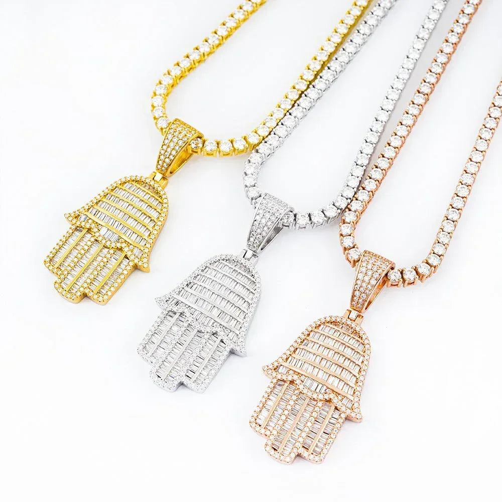 New S925 Silver Rectangular Hand Pendant – Unisex Hip-Hop Moissanite Necklace - CaratixJewelry