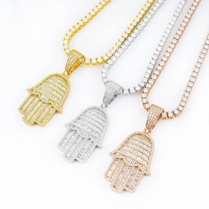 New S925 Silver Rectangular Hand Pendant – Unisex Hip-Hop Moissanite Necklace - CaratixJewelry