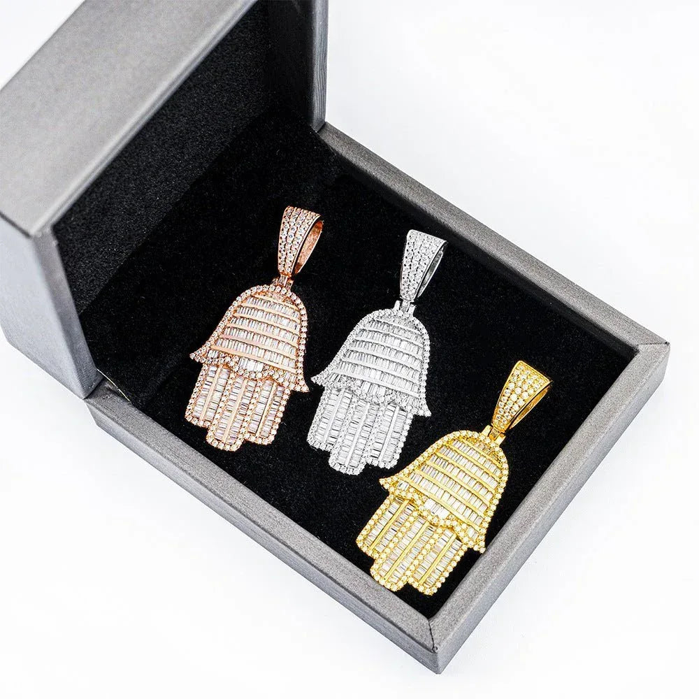 New S925 Silver Rectangular Hand Pendant – Unisex Hip-Hop Moissanite Necklace - CaratixJewelry