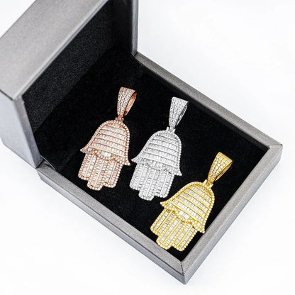 New S925 Silver Rectangular Hand Pendant – Unisex Hip-Hop Moissanite Necklace - CaratixJewelry