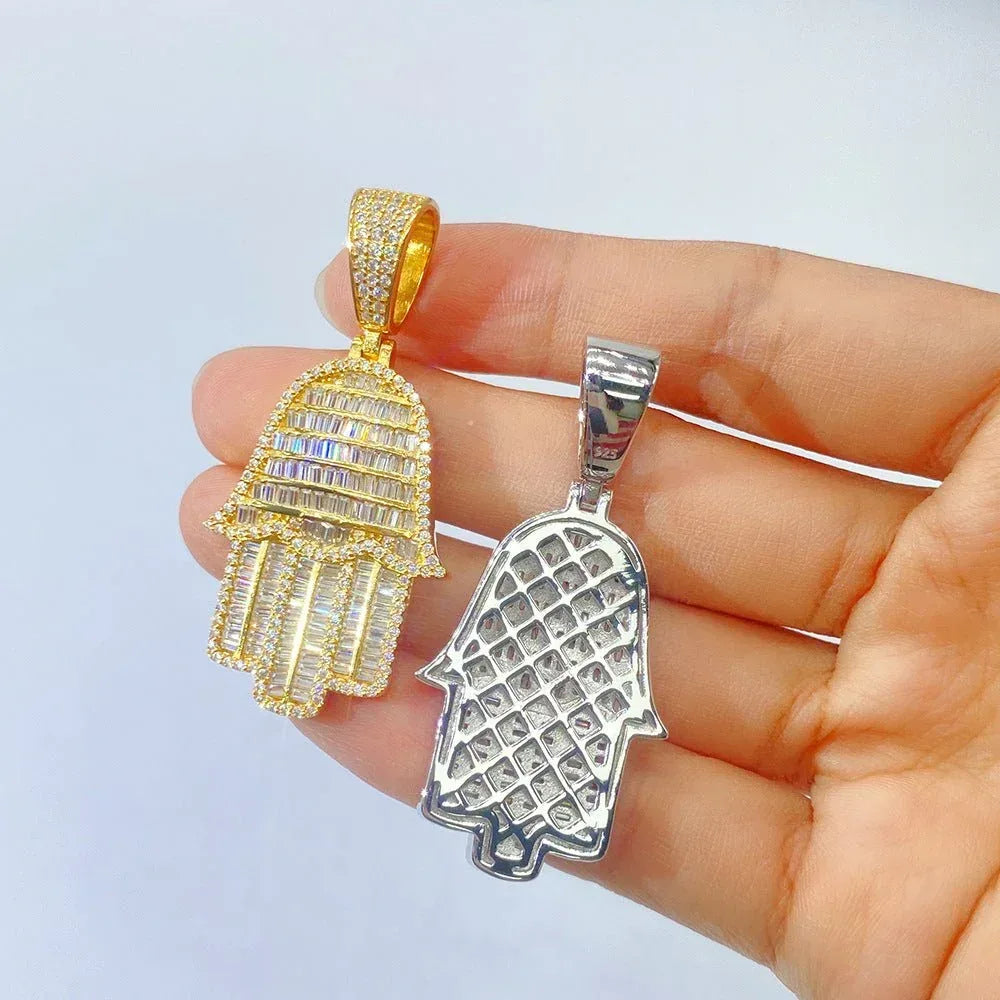 New S925 Silver Rectangular Hand Pendant – Unisex Hip-Hop Moissanite Necklace - CaratixJewelry