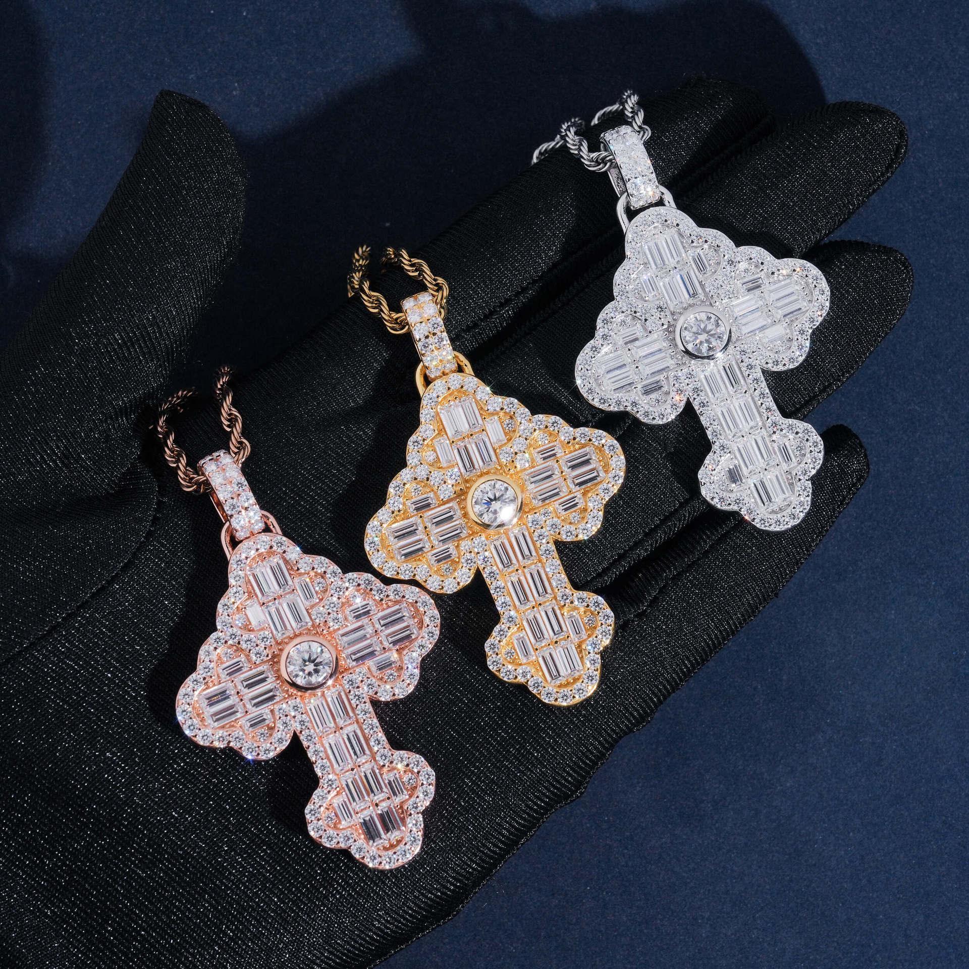 New S925 Silver Rectangular Moissanite Flower Cross Pendant – Hip-Hop Style Jewelry - CaratixJewelry