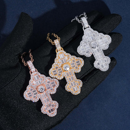 New S925 Silver Rectangular Moissanite Flower Cross Pendant – Hip-Hop Style Jewelry - CaratixJewelry