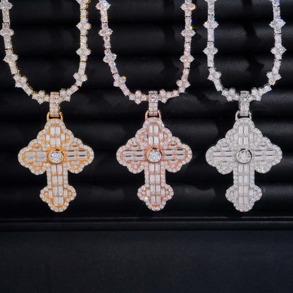 New S925 Silver Rectangular Moissanite Flower Cross Pendant – Hip-Hop Style Jewelry - CaratixJewelry