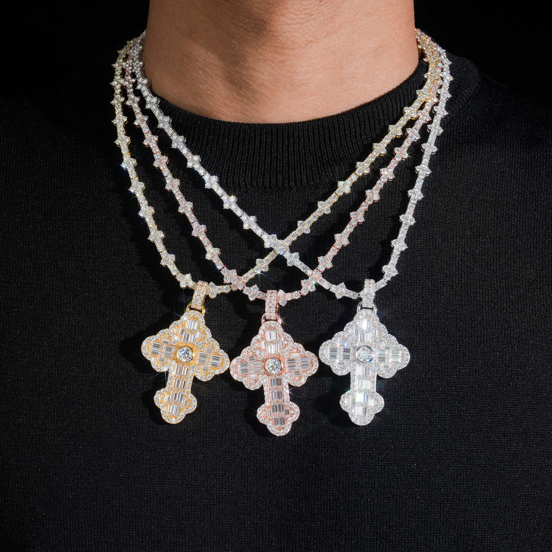 New S925 Silver Rectangular Moissanite Flower Cross Pendant – Hip-Hop Style Jewelry - CaratixJewelry