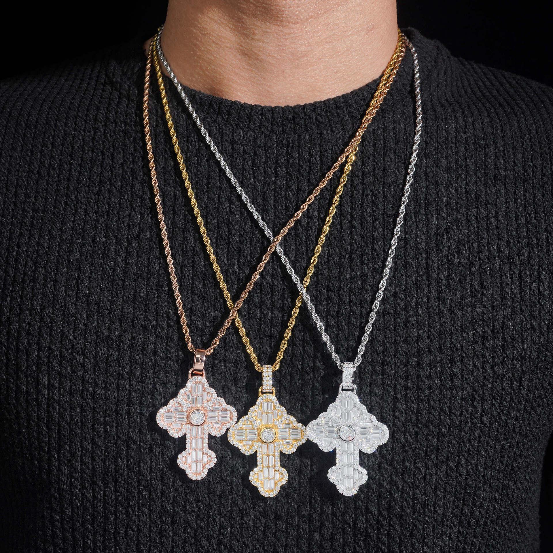New S925 Silver Rectangular Moissanite Flower Cross Pendant – Hip-Hop Style Jewelry - CaratixJewelry