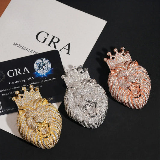 New Unisex Lion Head Hip-Hop Pendant – S925 Silver Moissanite, Fits 8MM Cuban Chain Necklace - CaratixJewelry