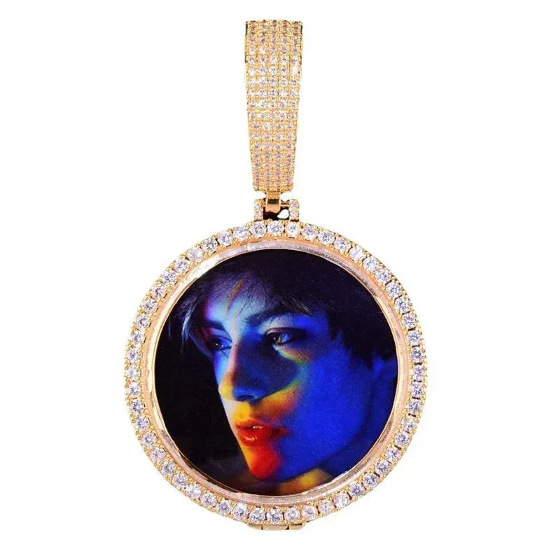 Personalized Big Round Button Photo Pendant Necklace – Custom Iced Out Copper Zircon Hip Hop Jewelry for Men & Women - CaratixJewelry
