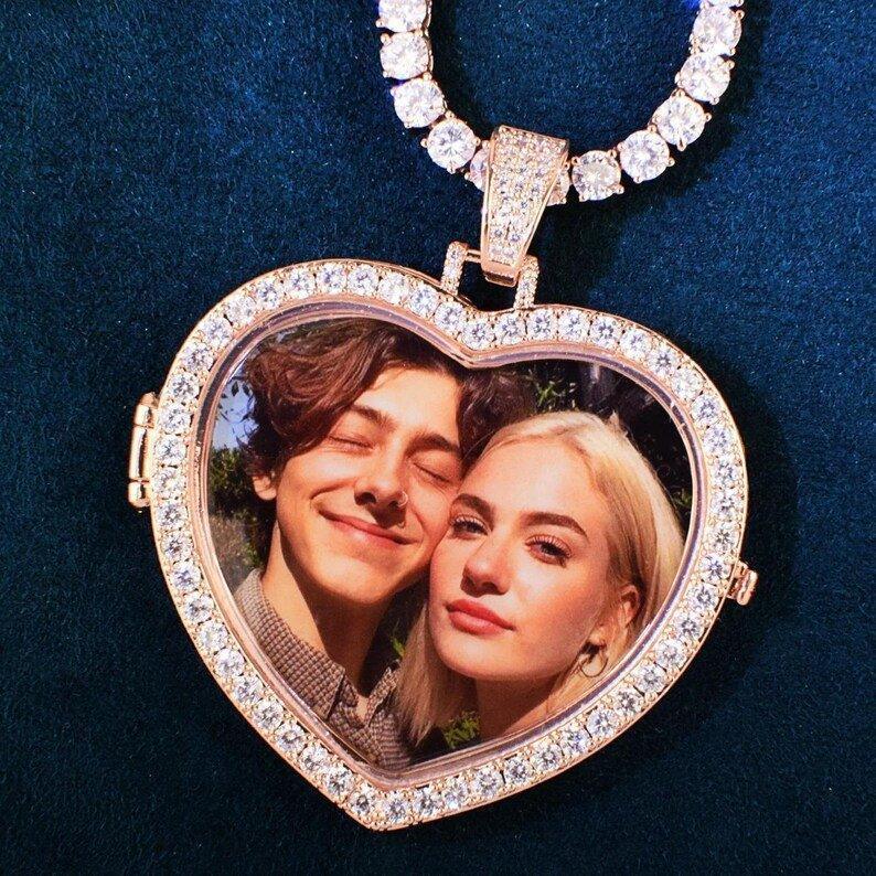 Personalized Heart Flip Photo Pendant Necklace – Custom Iced Out Copper Zircon Hip Hop Jewelry for Men & Women - CaratixJewelry