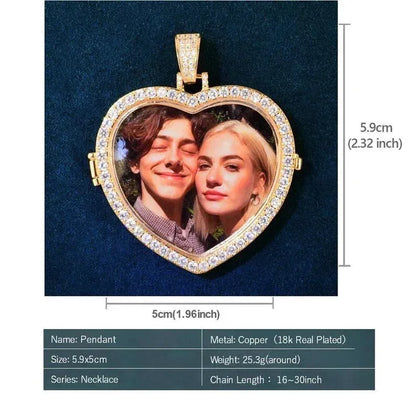 Personalized Heart Flip Photo Pendant Necklace – Custom Iced Out Copper Zircon Hip Hop Jewelry for Men & Women - CaratixJewelry