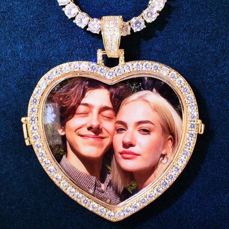 Personalized Heart Flip Photo Pendant Necklace – Custom Iced Out Copper Zircon Hip Hop Jewelry for Men & Women - CaratixJewelry