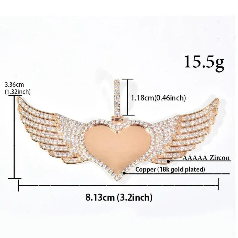 Personalized Heart Wings Photo Pendant Necklace, Custom Hip Hop Iced Out Picture Chain, Copper Zircon DIY Memory Jewelry for Men and Women - CaratixJewelry