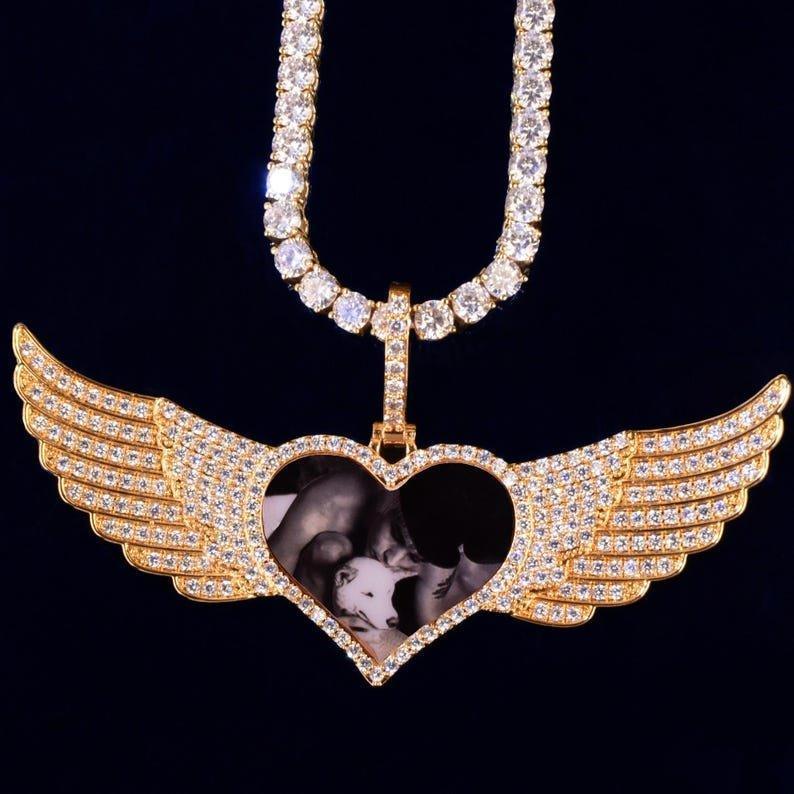 Personalized Heart Wings Photo Pendant Necklace, Custom Hip Hop Iced Out Picture Chain, Copper Zircon DIY Memory Jewelry for Men and Women - CaratixJewelry