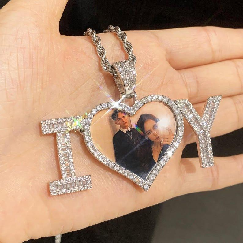Personalized I Love U Letter Photo Pendant Necklace, Custom Hip Hop Heart Frame Epoxy Picture Chain, DIY Gift for Men Women - CaratixJewelry