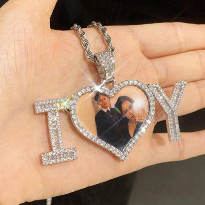 Personalized I Love U Letter Photo Pendant Necklace, Custom Hip Hop Heart Frame Epoxy Picture Chain, DIY Gift for Men Women - CaratixJewelry