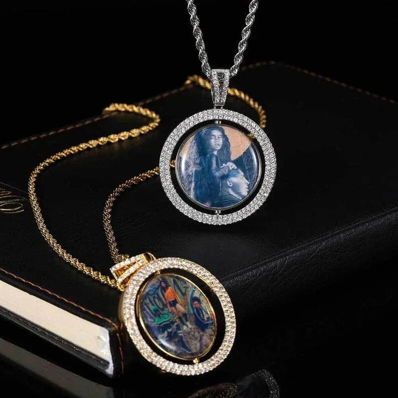 Personalized Large Rotating Double-Sided Round Photo Pendant Necklace – Iced Out Hip Hop Jewelry - CaratixJewelry