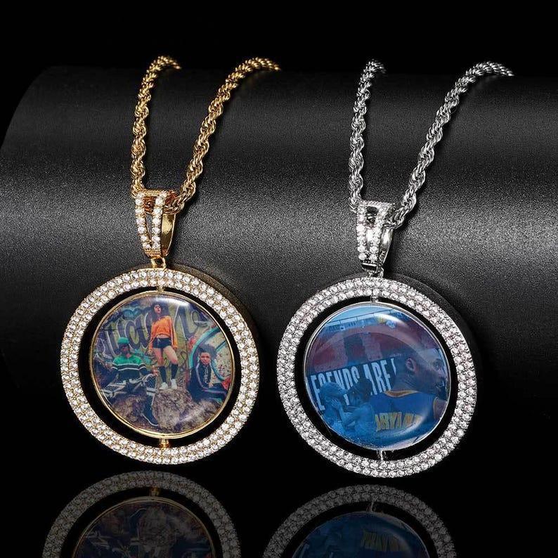 Personalized Large Rotating Double-Sided Round Photo Pendant Necklace – Iced Out Hip Hop Jewelry - CaratixJewelry