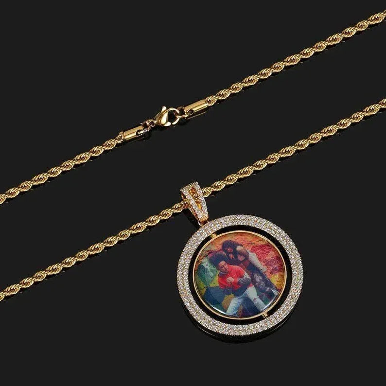 Personalized Large Rotating Double-Sided Round Photo Pendant Necklace – Iced Out Hip Hop Jewelry - CaratixJewelry
