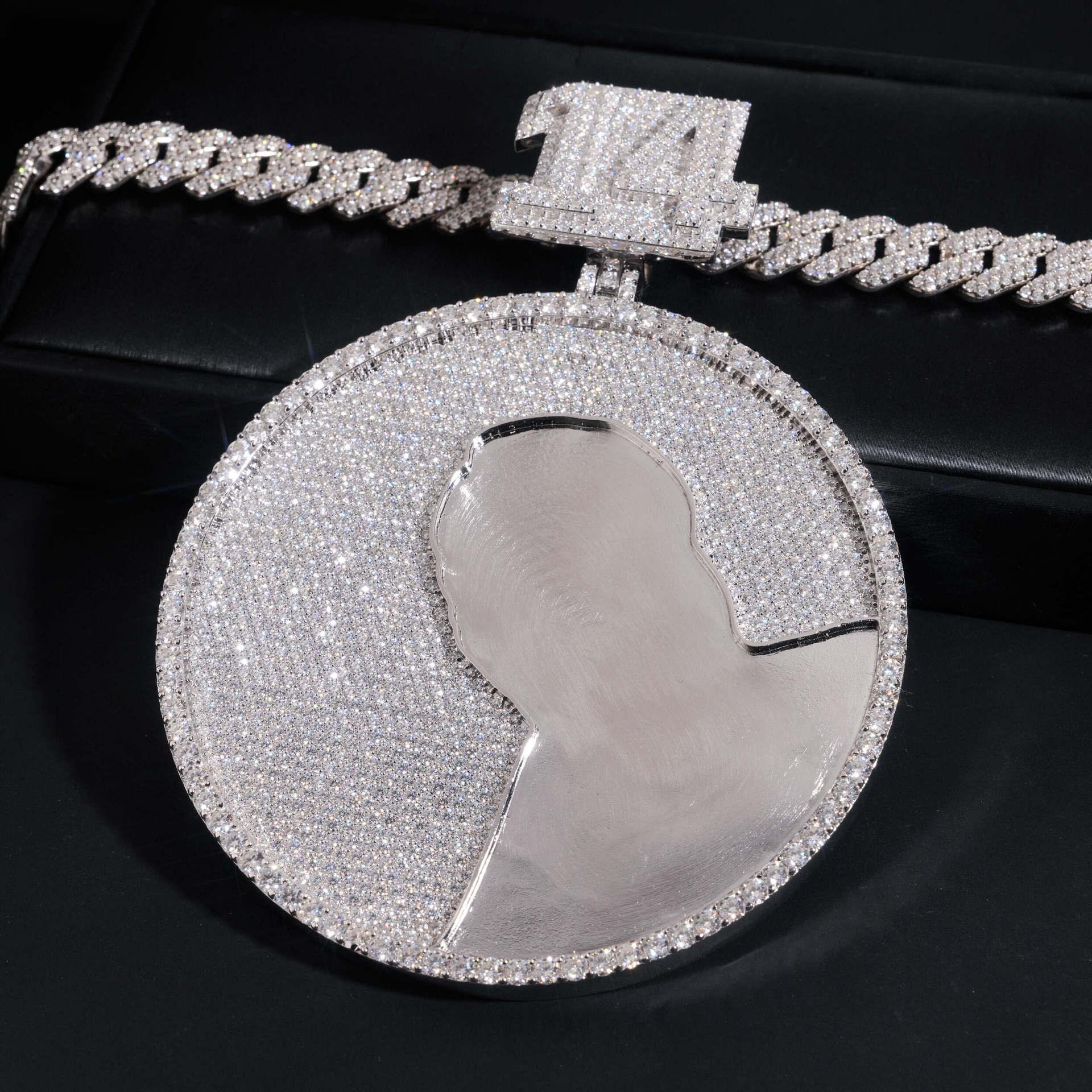 Personalized Large Round Pendant – S925 Silver Moissanite, Fits 15MM Cuban Chain Necklace - CaratixJewelry