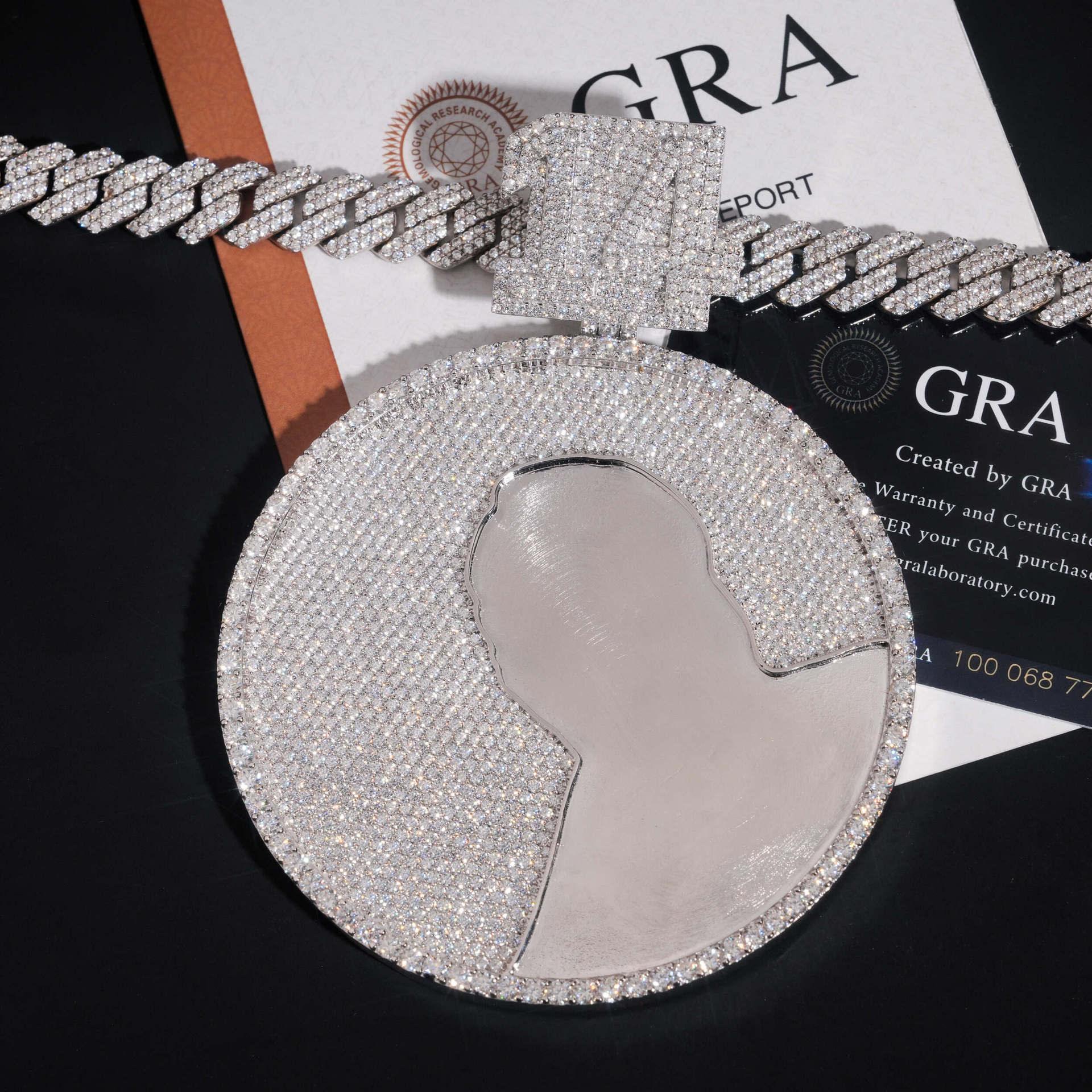 Personalized Large Round Pendant – S925 Silver Moissanite, Fits 15MM Cuban Chain Necklace - CaratixJewelry
