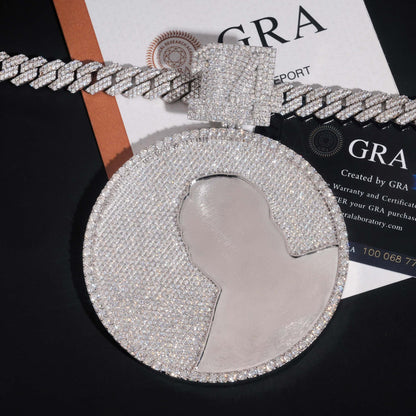 Personalized Large Round Pendant – S925 Silver Moissanite, Fits 15MM Cuban Chain Necklace - CaratixJewelry