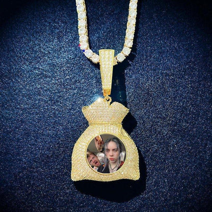 Personalized Money Bag Photo Pendant Necklace, Custom Hip Hop Iced Out Copper Zircon Epoxy Picture Chain, DIY Jewelry for Men Women - CaratixJewelry
