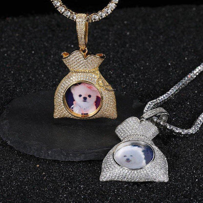 Personalized Money Bag Photo Pendant Necklace – Iced Out Copper Zircon Hip Hop Jewelry Gift - CaratixJewelry