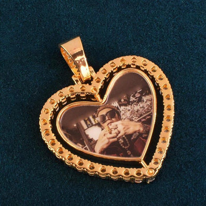 Personalized Rotating Heart Photo Pendant Necklace, Custom Hip Hop Iced Out Copper Zircon DIY Picture Jewelry for Men Women - CaratixJewelry