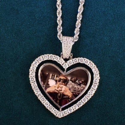 Personalized Rotating Heart Photo Pendant Necklace, Custom Hip Hop Iced Out Copper Zircon DIY Picture Jewelry for Men Women - CaratixJewelry