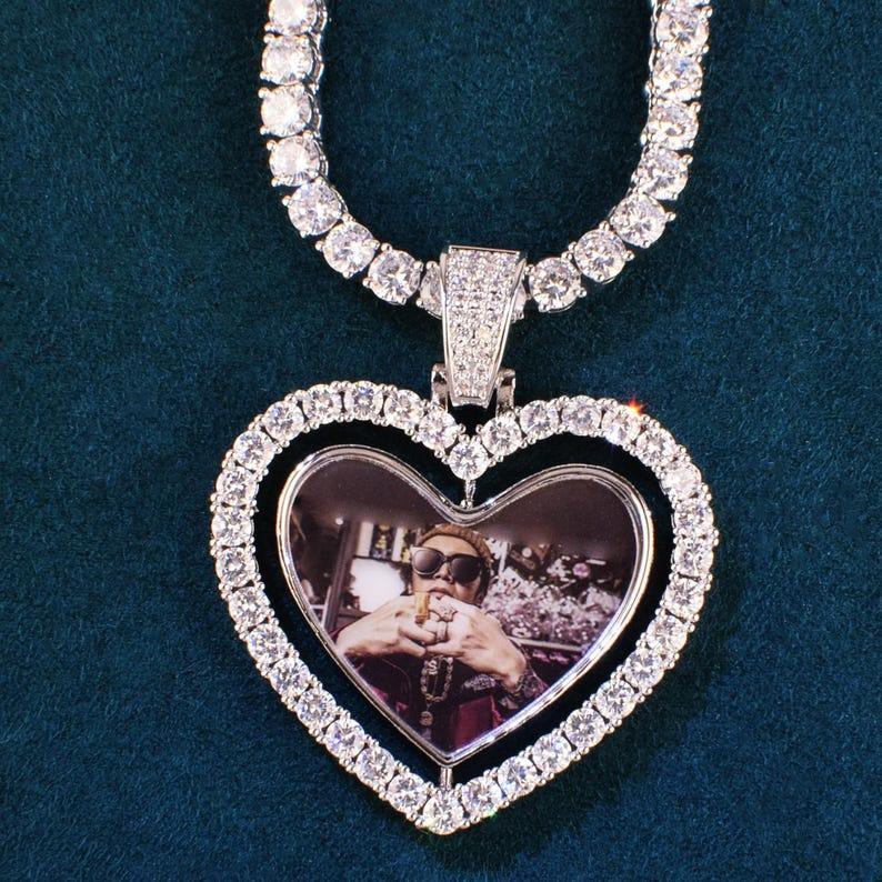 Personalized Rotating Heart Photo Pendant Necklace, Custom Hip Hop Iced Out Copper Zircon DIY Picture Jewelry for Men Women - CaratixJewelry