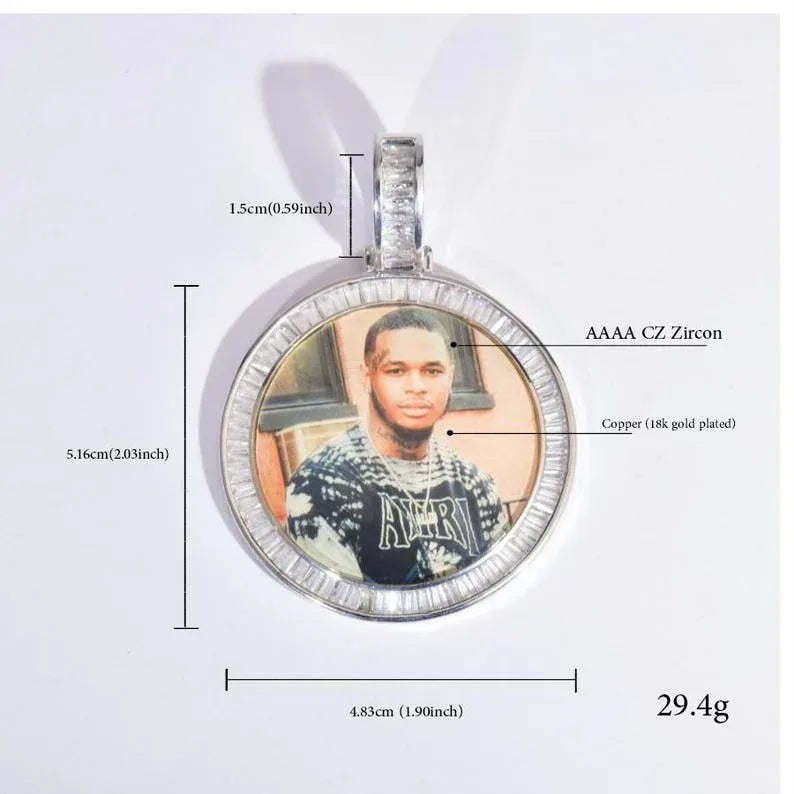 Personalized Round Photo Pendant Necklace, Custom Hip Hop Iced Out Sugar Cube Style Copper Zircon Picture Chain, DIY Fashion Jewelry for Men - CaratixJewelry