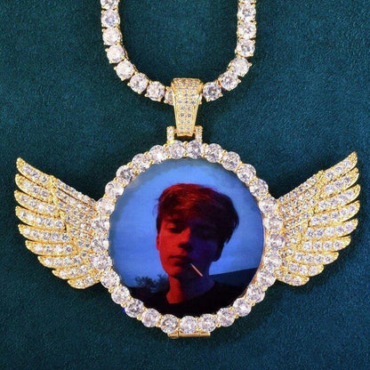 Personalized Small Wings Flip Round Photo Pendant Necklace, Custom Hip Hop Iced Out Copper Zircon DIY Picture Jewelry for Men Women - CaratixJewelry