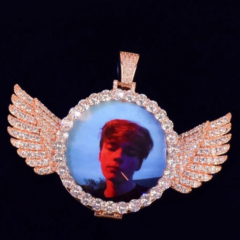 Personalized Small Wings Flip Round Photo Pendant Necklace, Custom Hip Hop Iced Out Copper Zircon DIY Picture Jewelry for Men Women - CaratixJewelry