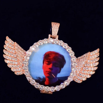 Personalized Small Wings Flip Round Photo Pendant Necklace, Custom Hip Hop Iced Out Copper Zircon DIY Picture Jewelry for Men Women - CaratixJewelry