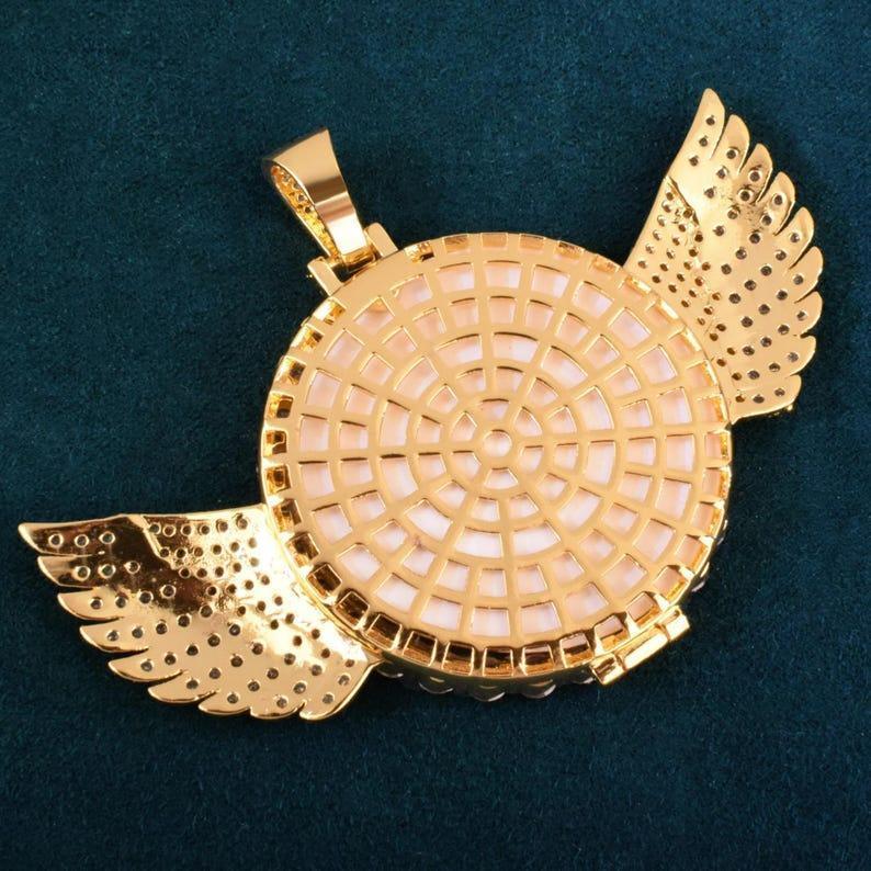 Personalized Small Wings Flip Round Photo Pendant Necklace, Custom Hip Hop Iced Out Copper Zircon DIY Picture Jewelry for Men Women - CaratixJewelry