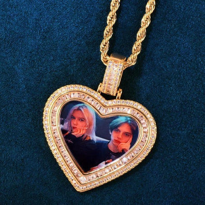 Personalized T-Bar Heart Photo Pendant Necklace, Custom Hip Hop Iced Out Copper Zircon Epoxy DIY Picture Jewelry for Couples Men Women - CaratixJewelry