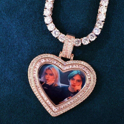 Personalized T-Bar Heart Photo Pendant Necklace, Custom Hip Hop Iced Out Copper Zircon Epoxy DIY Picture Jewelry for Couples Men Women - CaratixJewelry