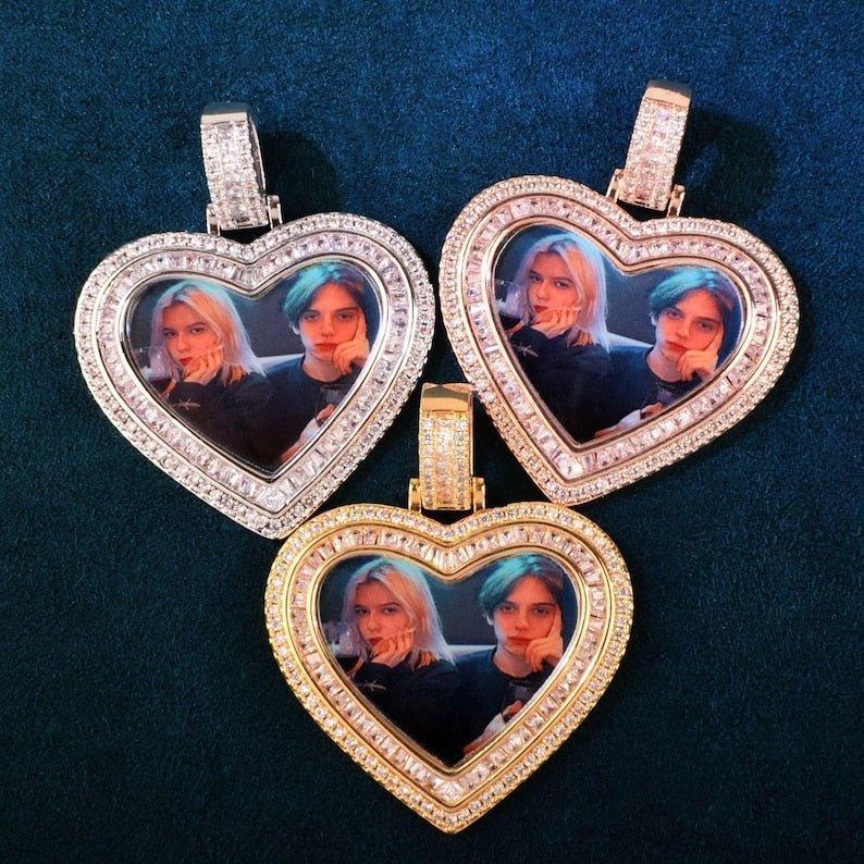 Personalized T-Bar Heart Photo Pendant Necklace, Custom Hip Hop Iced Out Copper Zircon Epoxy DIY Picture Jewelry for Couples Men Women - CaratixJewelry