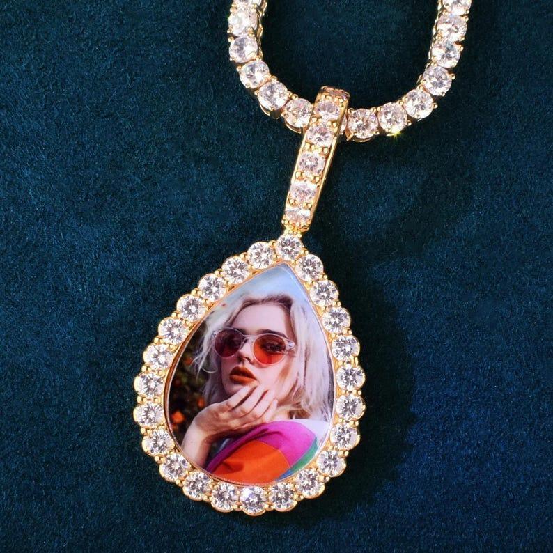 Personalized Water Drop Photo Pendant Necklace, Custom Hip Hop Iced Out Copper Zircon Epoxy DIY Picture Jewelry for Men and Women - CaratixJewelry