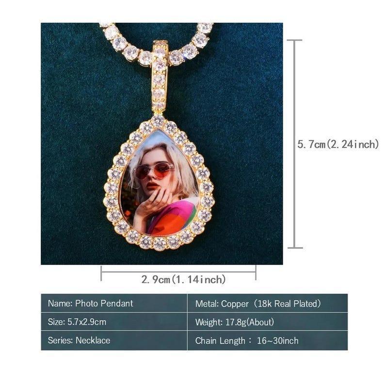 Personalized Water Drop Photo Pendant Necklace, Custom Hip Hop Iced Out Copper Zircon Epoxy DIY Picture Jewelry for Men and Women - CaratixJewelry