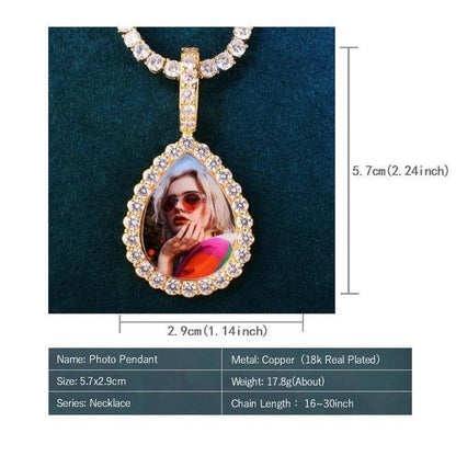 Personalized Water Drop Photo Pendant Necklace, Custom Hip Hop Iced Out Copper Zircon Epoxy DIY Picture Jewelry for Men and Women - CaratixJewelry