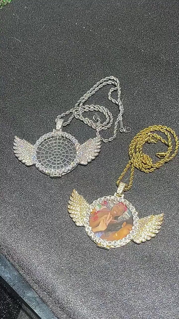 Angel Wings Medallion Circle Custom Photo Picture Pendant Necklace - Personalized Jewelry