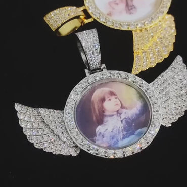 Personalized Small Wings Photo Pendant Necklace – Custom Iced Out Copper Zircon Hip Hop Jewelry for Men, Women & Couples