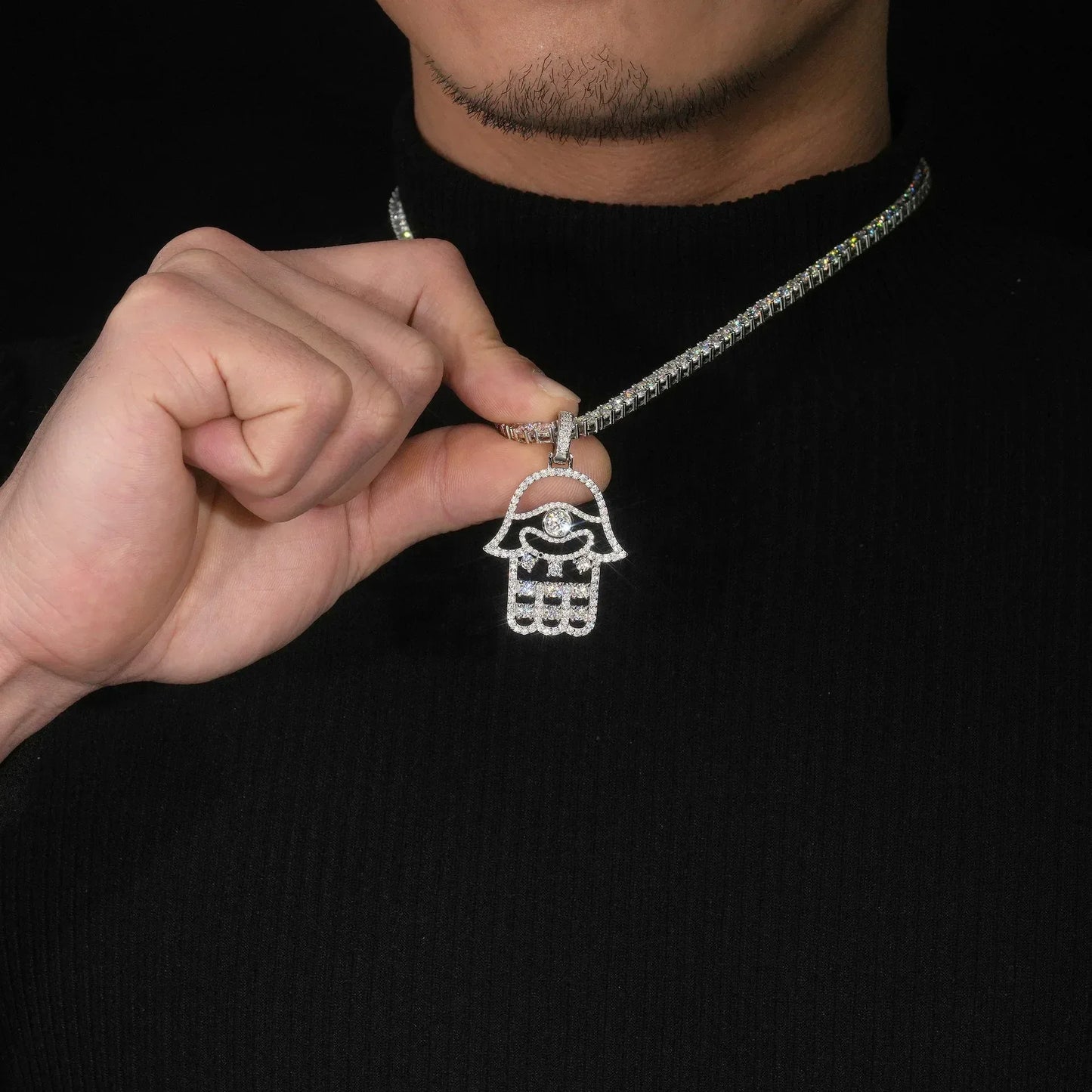 S925 Silver D Color Moissanite Hand Pendant Necklace – Hip-Hop Style, Trendy Jewelry - CaratixJewelry