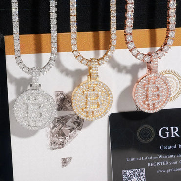 S925 Silver Moissanite Bitcoin Pendant – Hip-Hop European & American Trendy Jewelry - CaratixJewelry